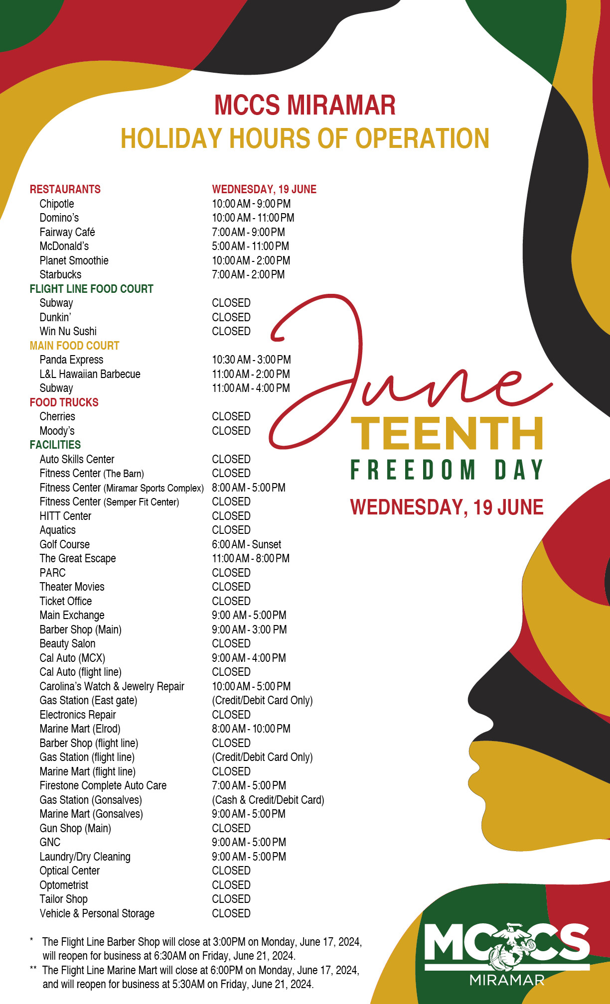 MCCS Miramar Holiday Hours of Operation for Juneteenth, June 19th